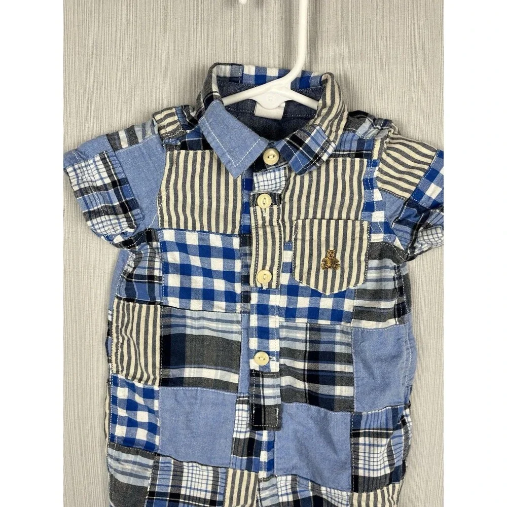 babyGap Romper‎ 3-6M Blue Patchwork Plaid Collar Romper One Piece Preppy Classic